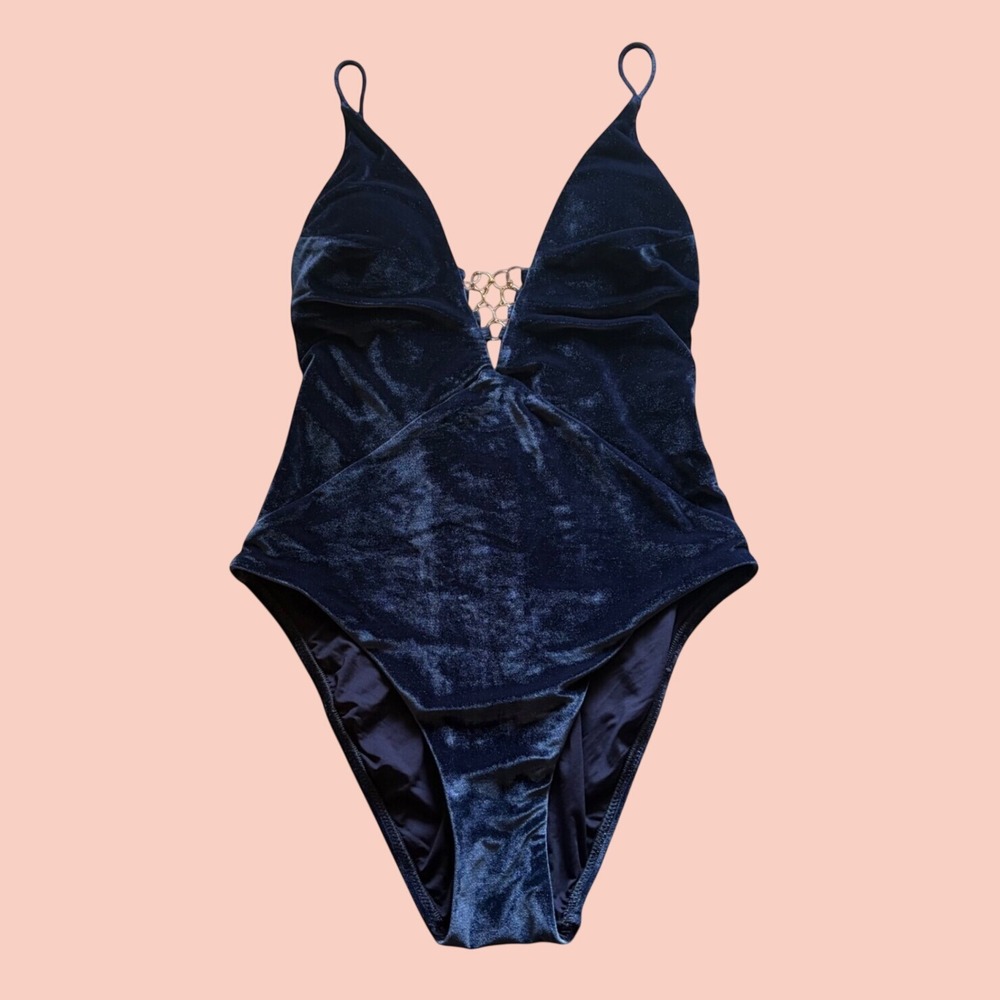 Trina Turk Navy Velvet One Piece Swimsuit Gold Chain Detail Plunge Size 8